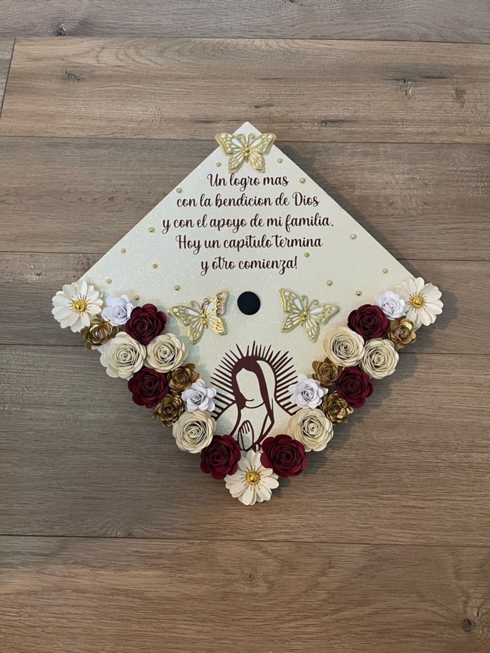 Embellished Graduation Cap with Burgundy, Gold & Cream Floral Design